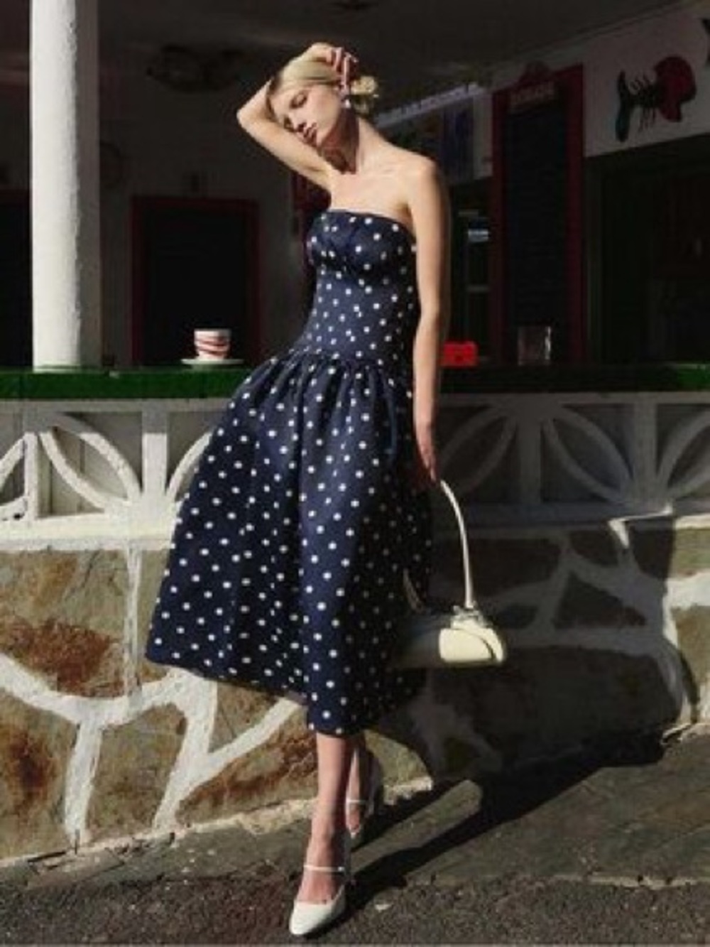 Self-Portrait Polka Dot Satin Midi Dress in Navy Size 8